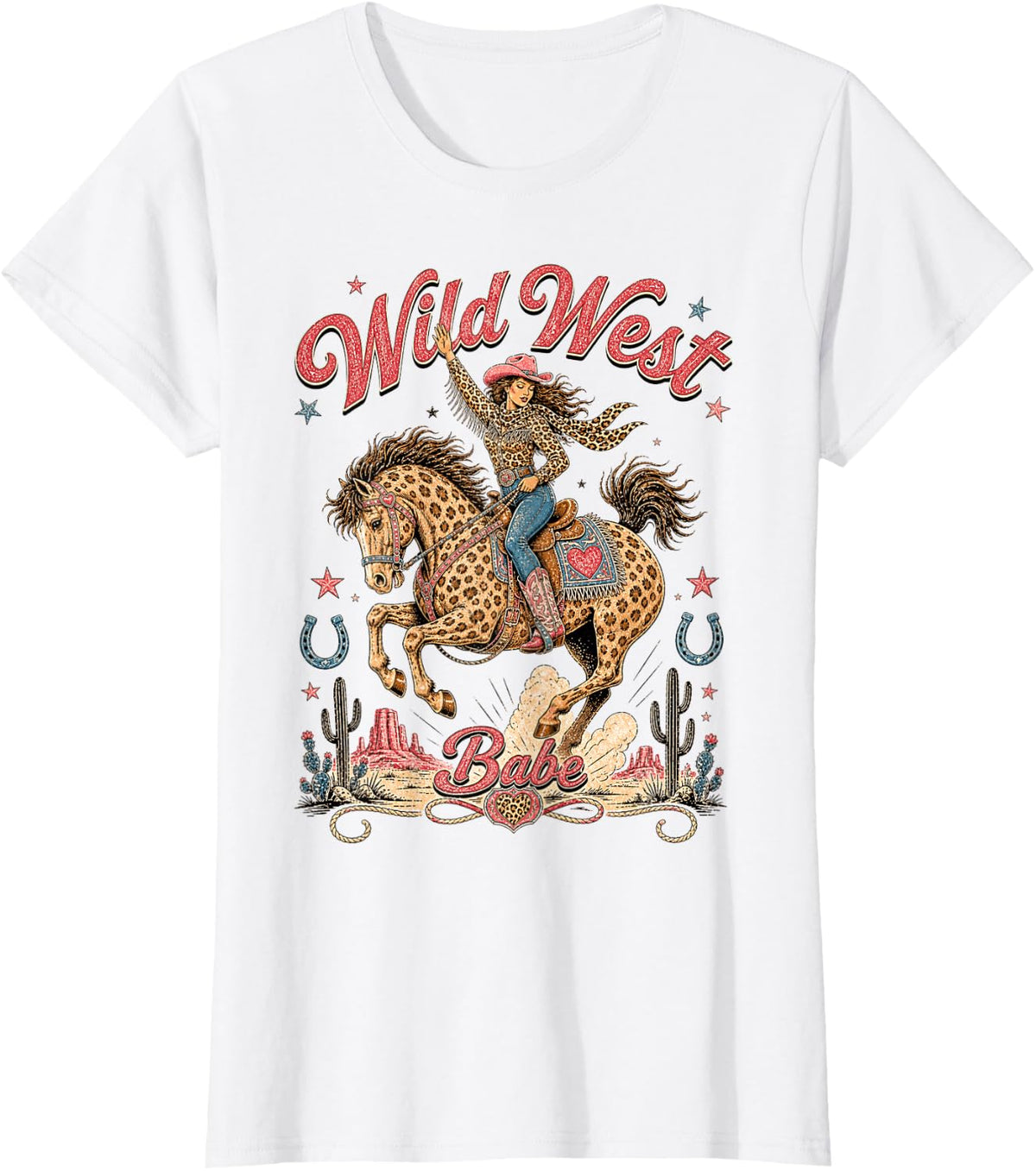 Leopard Cowgirl Horse Western Rodeo Desert Country Graphic T-Shirt - White
