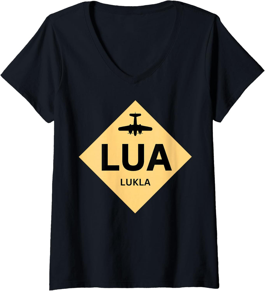 Womens Lukla Airport Sign Nepal Mt Everest V-Neck T-Shirt - Black