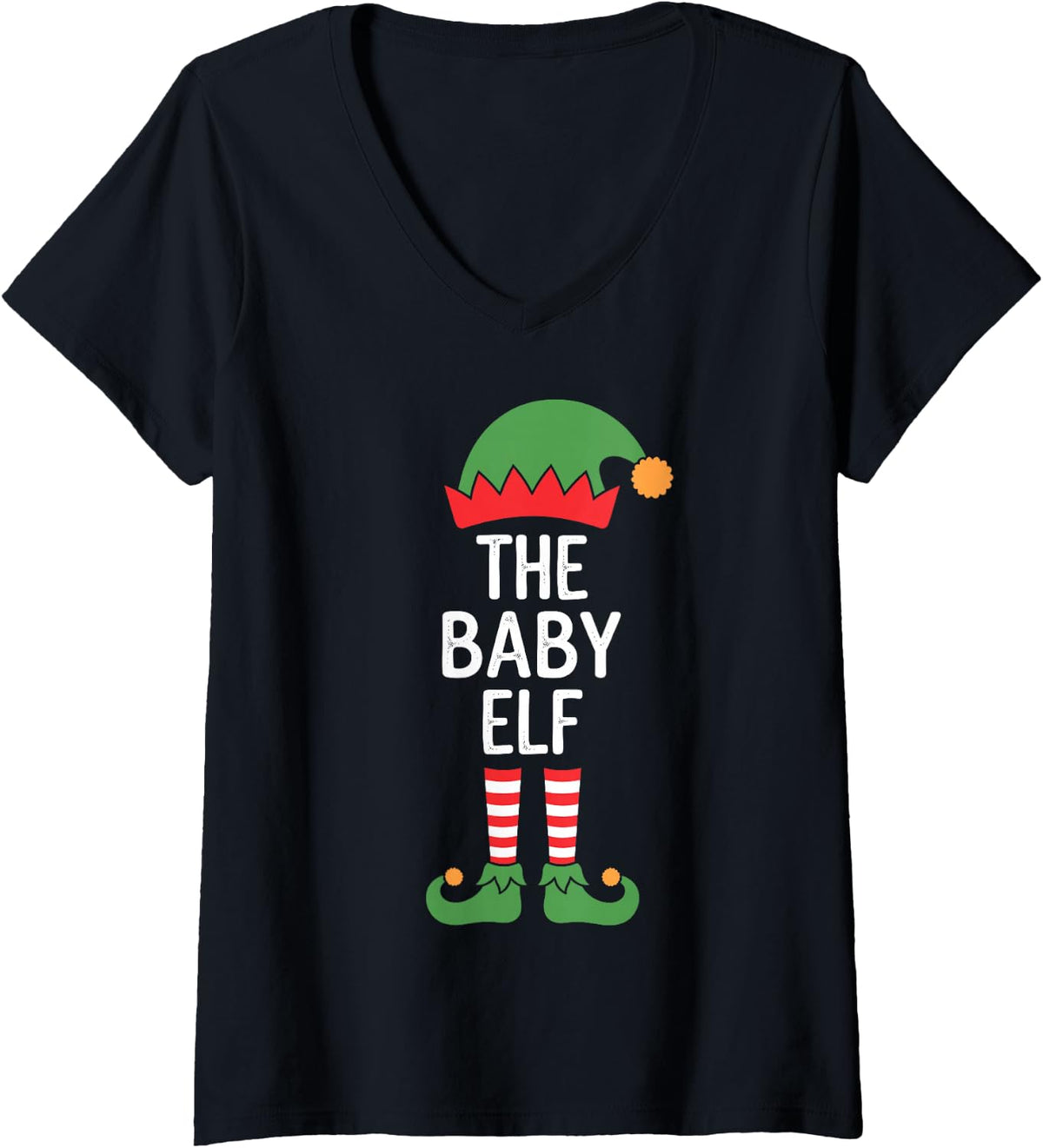 Women's The Baby Elf Cute First Christmas Matching Family Pajama V-Neck T-Shirt - Black