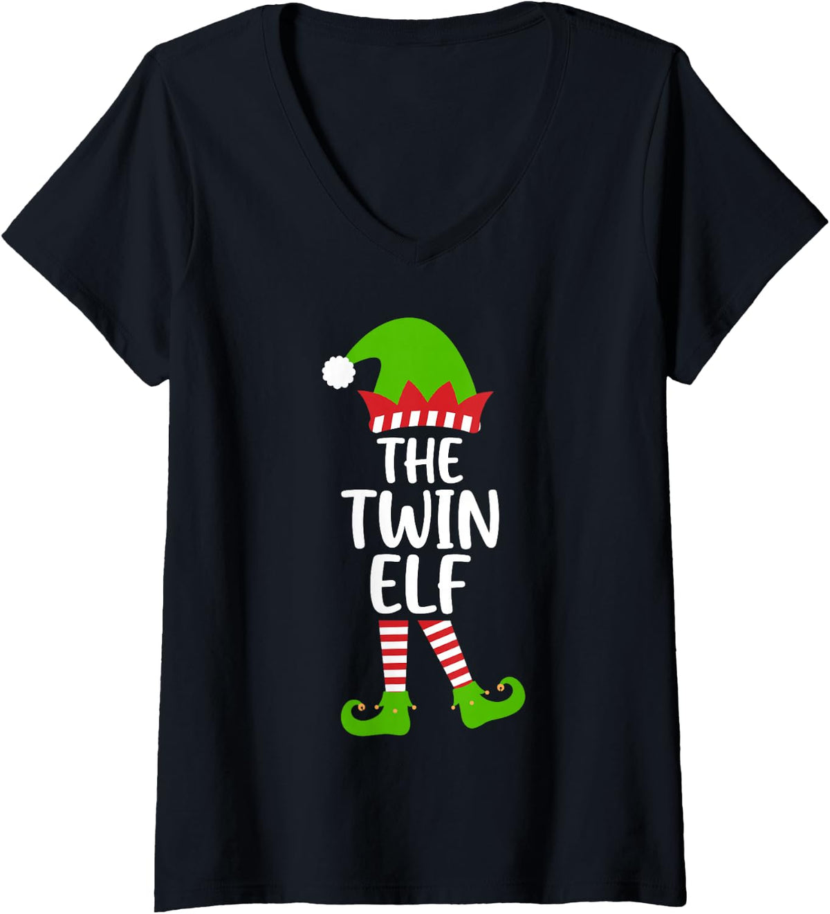 Women's I'm the Twin Elf Funny Xmas Party Family Group Matching V-Neck T-Shirt - Black