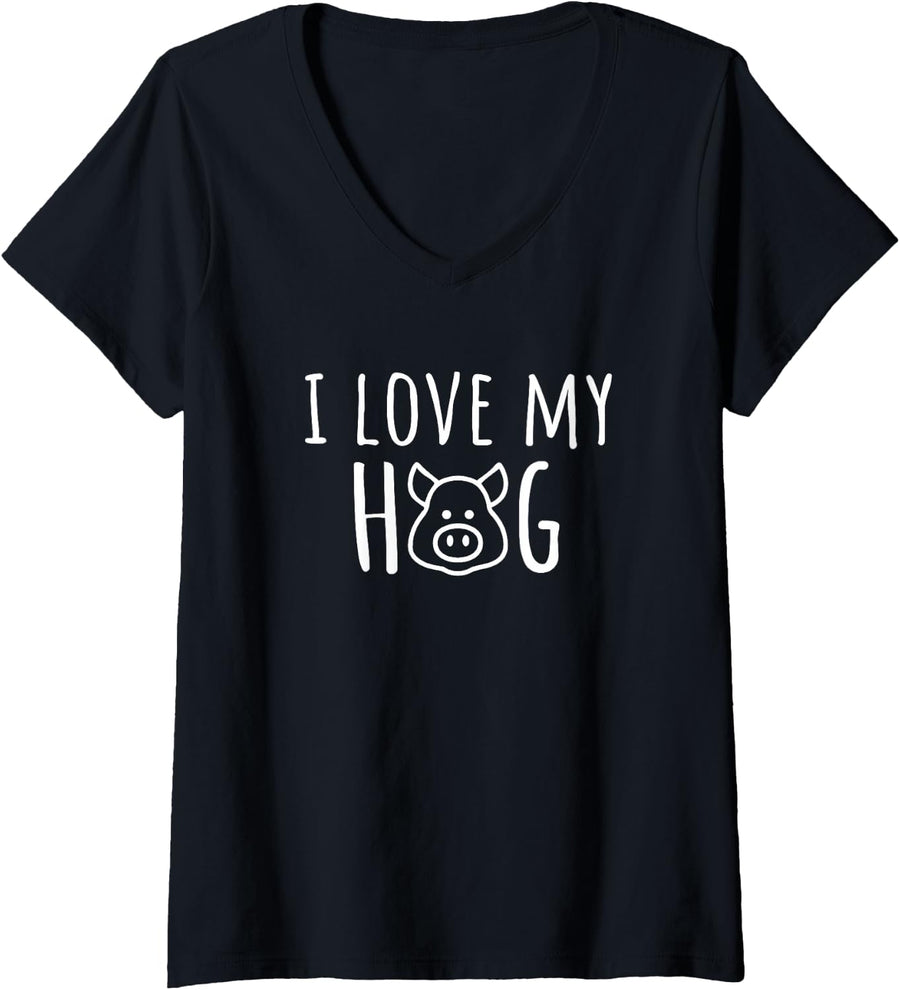 Women's Funny I Love My Hog Pig Lover Farm V-Neck T-Shirt - Black