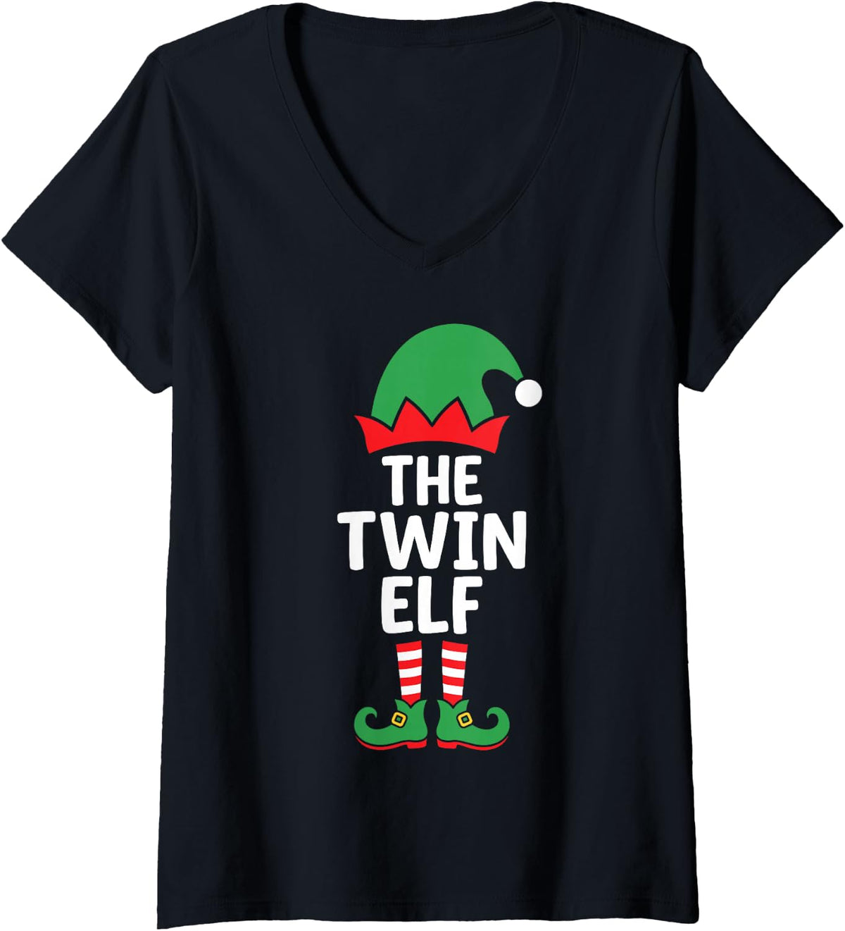 Women's The Twin Elf Funny Christmas Eve Matching Family Team V-Neck T-Shirt - Black