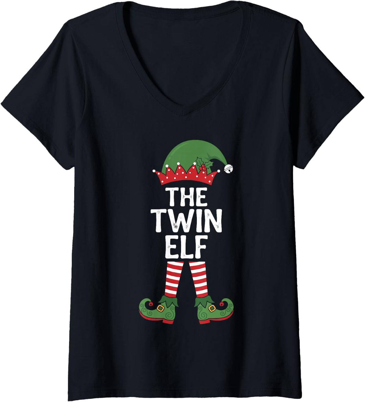 Women's The Twin Elf Funny Xmas Party Family Group Matching V-Neck T-Shirt - Black