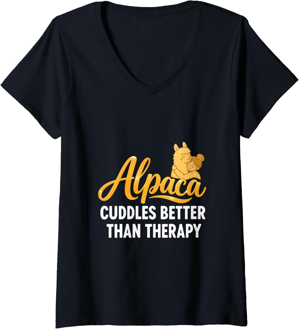 Women's Alpaca Cuddles Better Than Therapy Funny Farm Animal V-Neck T-Shirt - Black