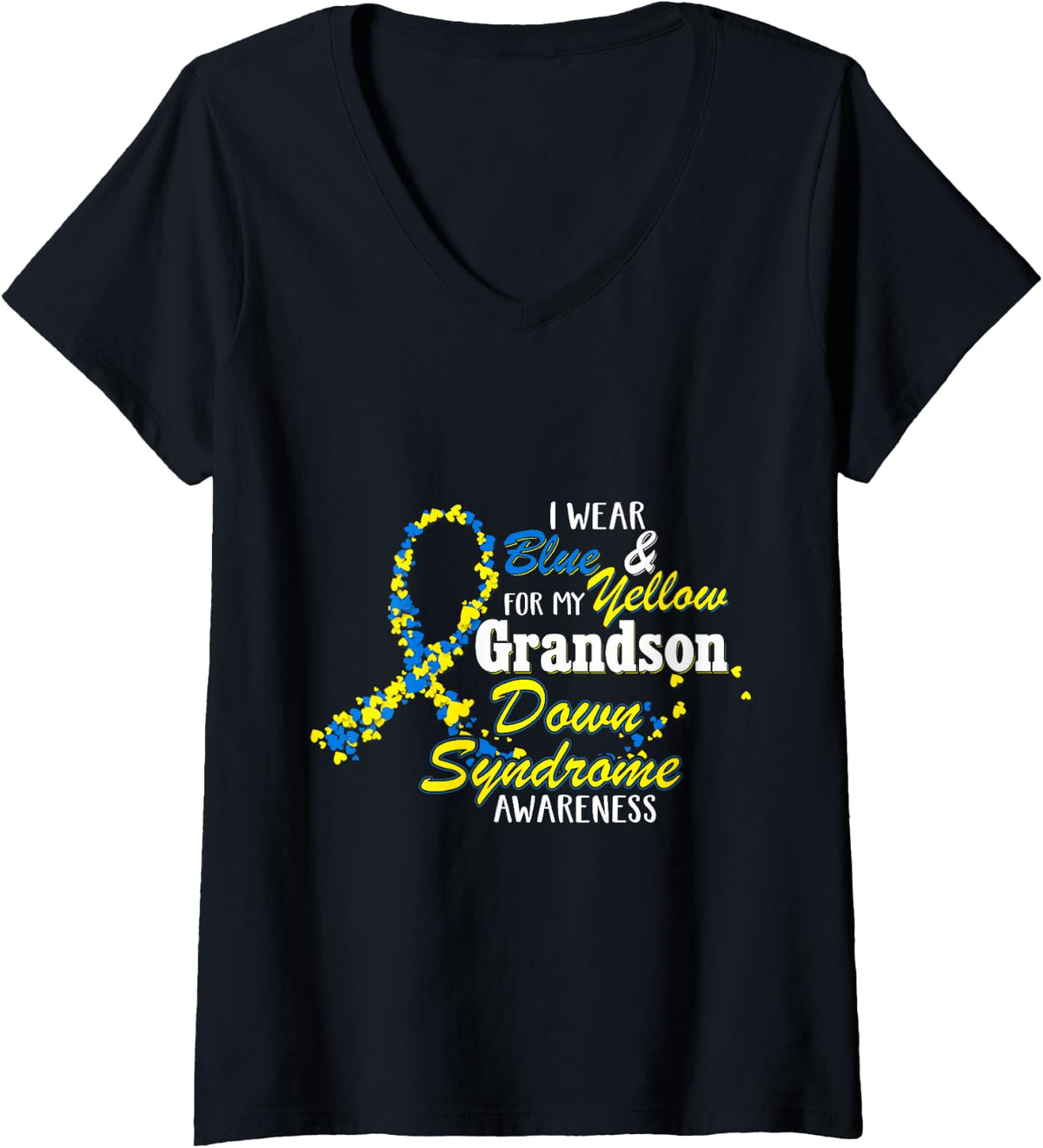 Women's I Blue and Yellow for My Grandson - Down Syndrome V-Neck T-Shirt - Black