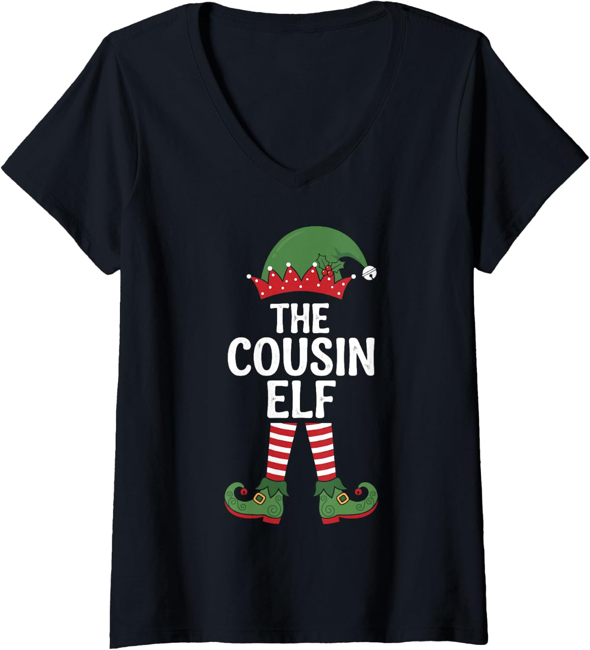 Women's The Cousin Elf Holiday Xmas Party Matching Family Group V-Neck T-Shirt - Black