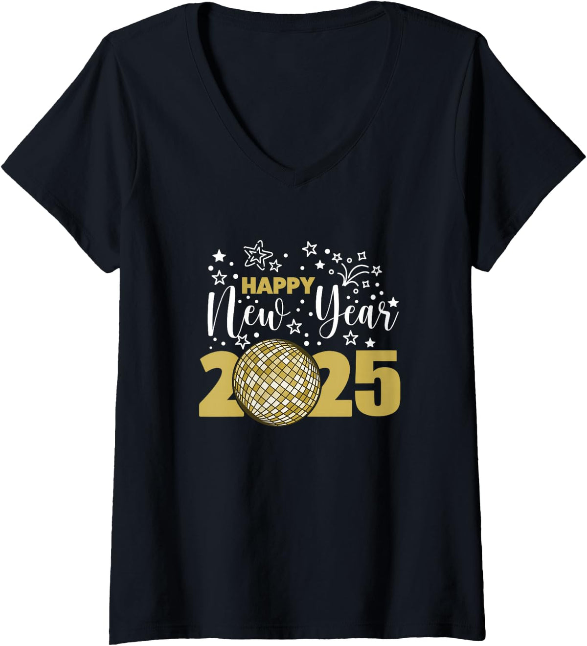Women's New Years Eve Party Supplies Happy New Year 2025 V-Neck T-Shirt - Black