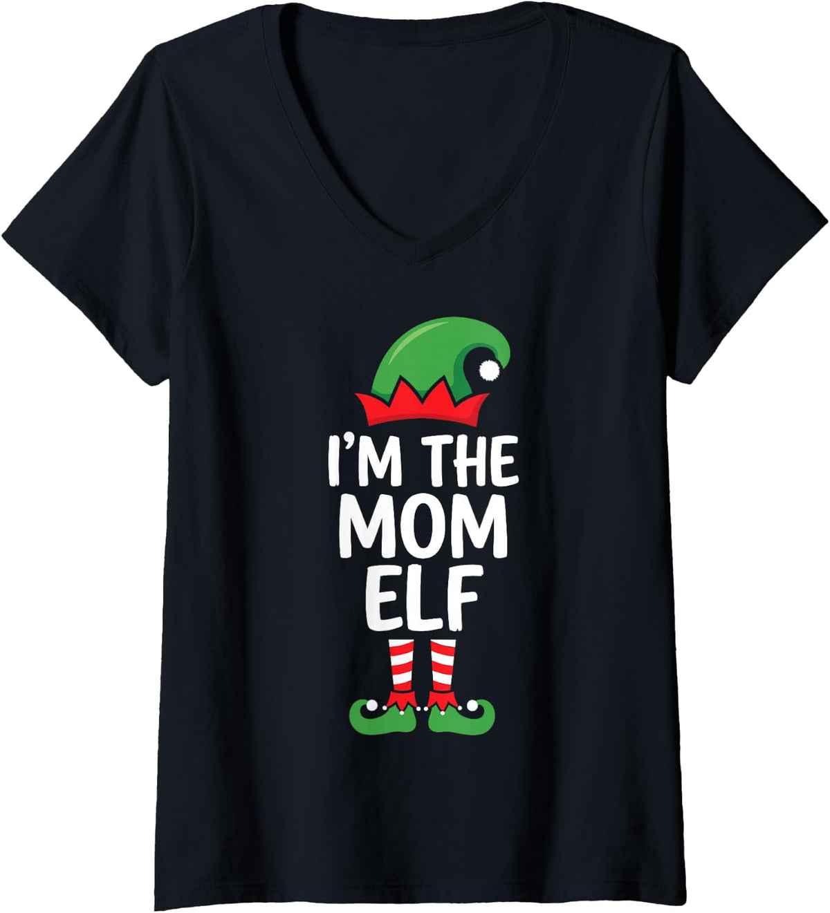 Women's I'm the Mom Elf Ugly Christmas Party Funny Family Matching V-Neck T-Shirt - Black