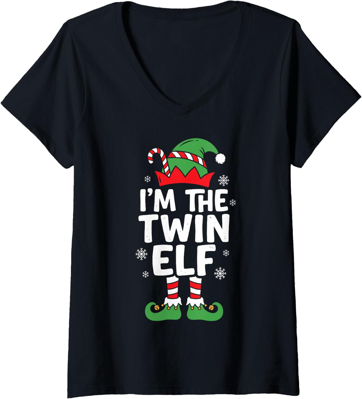 Women's I'm the Twin Elf Cute Christmas Pajama Party Family Group V-Neck T-Shirt - Black