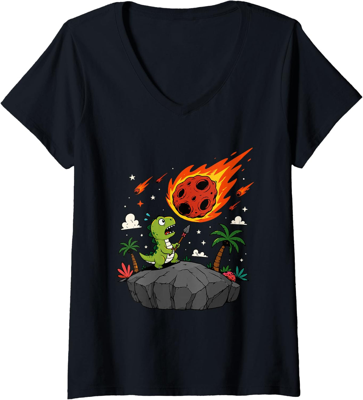 Women's Dinosaur Watching Asteroid Meteor Trex V-Neck T-Shirt - Black