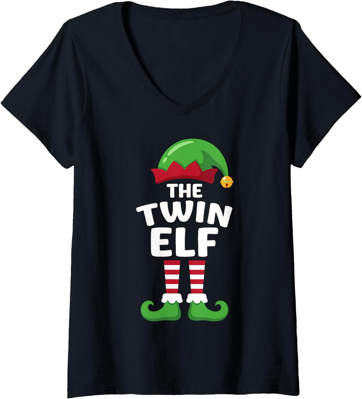 Women's The Twin Elf Matching Family Christmas 2026 Funny Crew V-Neck T-Shirt - Black