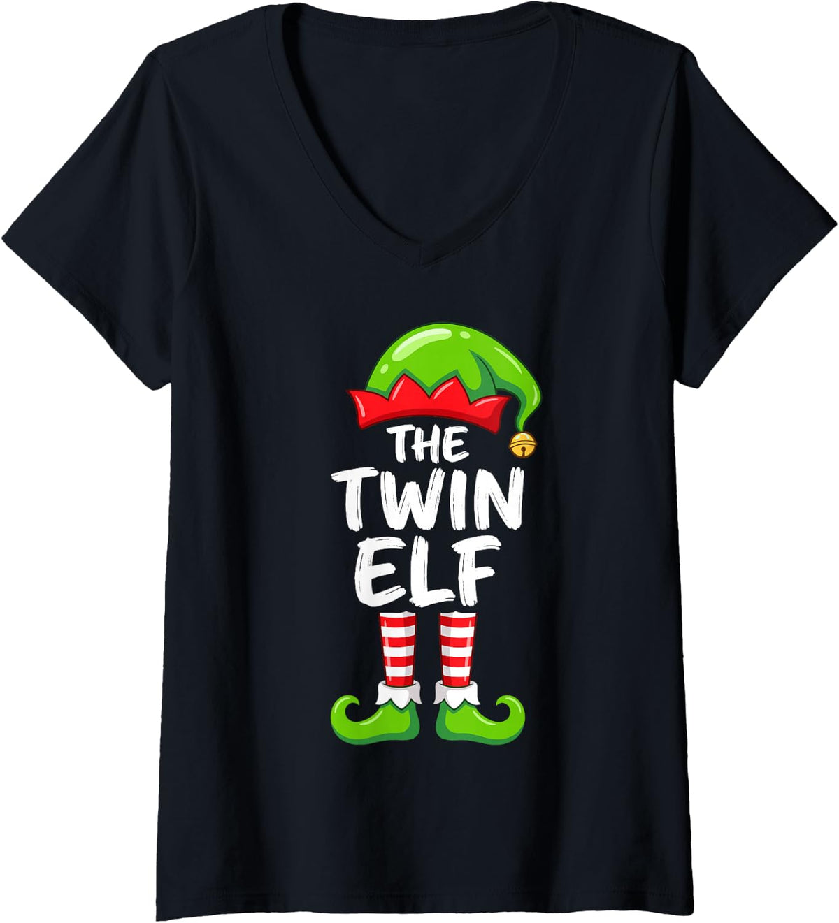 Women's The Twin Elf Cute Christmas Pajama Party Family Group V-Neck T-Shirt - Black