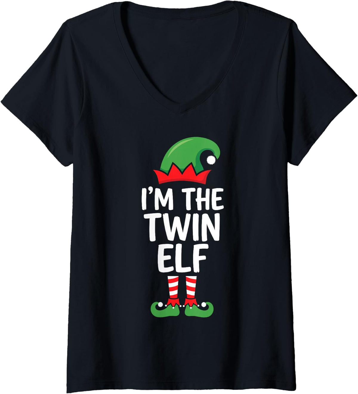 Women's I'm the Twin Elf Ugly Christmas Party Funny Family Matching V-Neck T-Shirt - Black