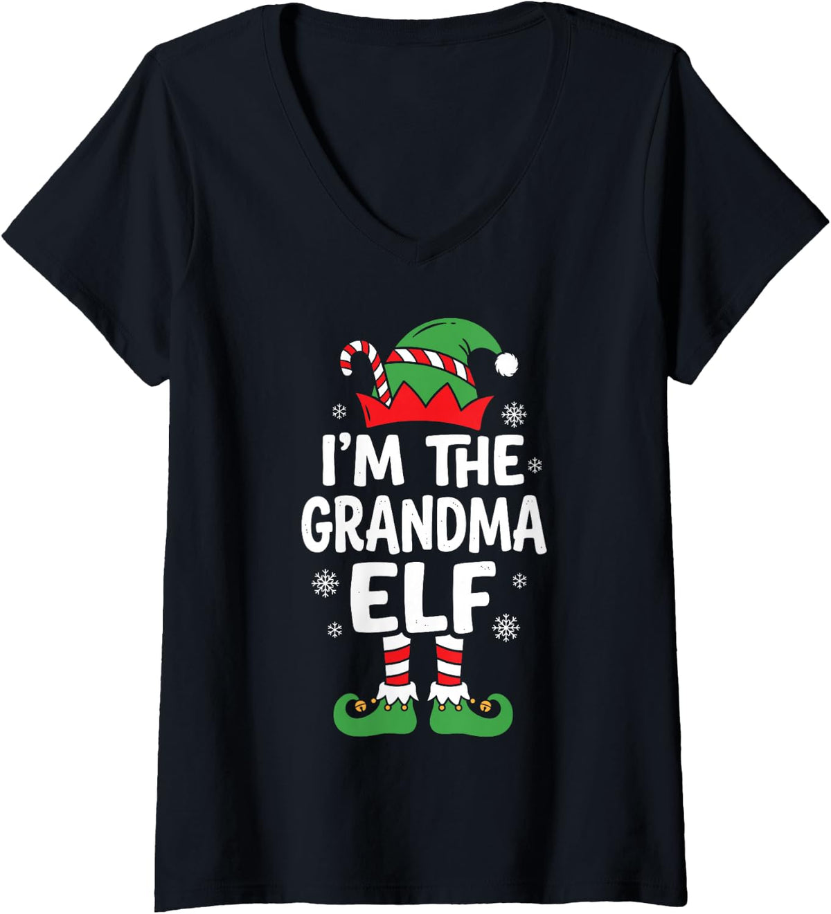Women's I'm the Grandma Elf Cute Christmas Pajama Party Family Group V-Neck T-Shirt - Black
