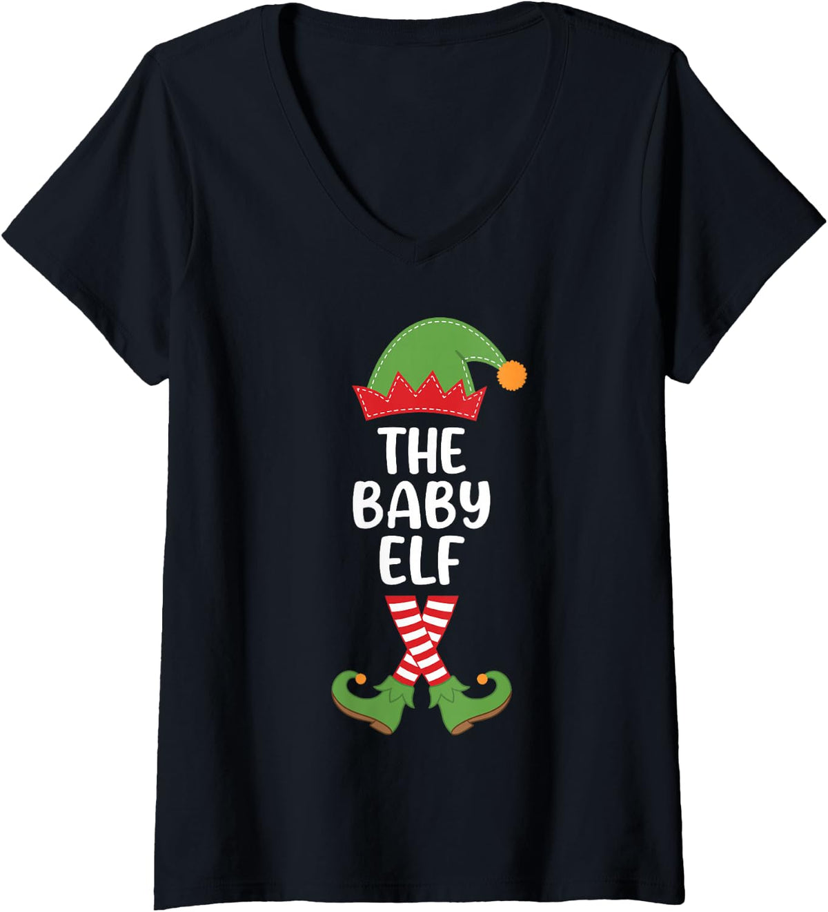 Women's The Baby Elf Holiday Season Merry Xmas Family Matching V-Neck T-Shirt - Black