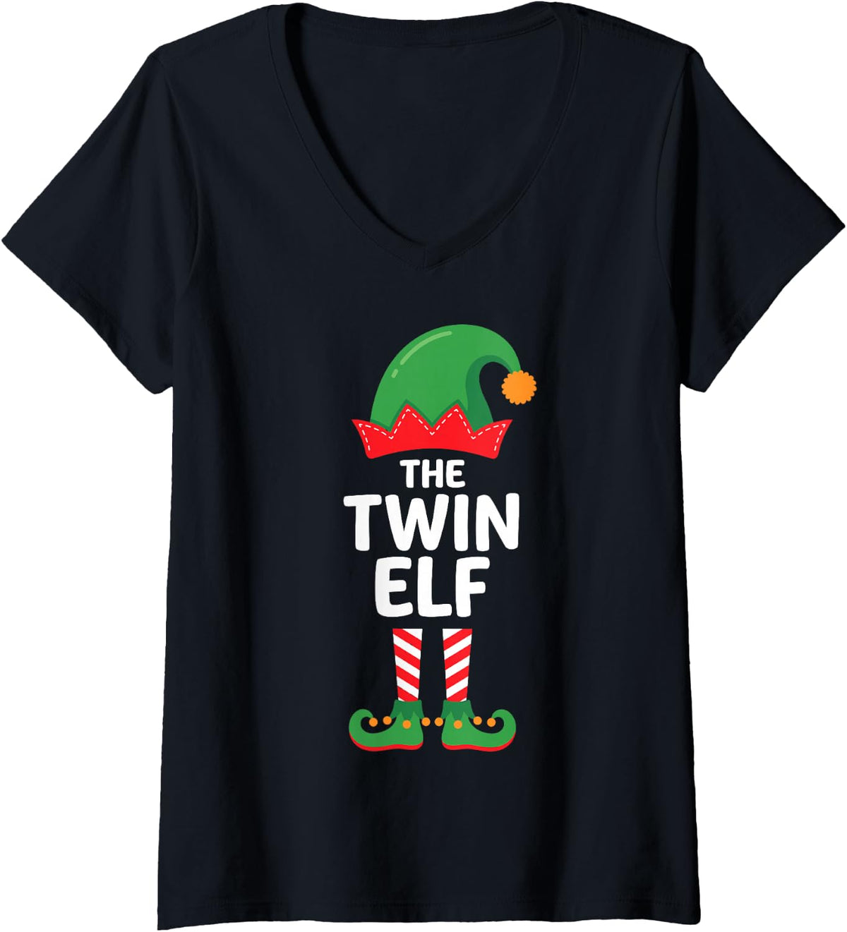 Women's The Twin Elf Ugly Christmas Party Funny Family Matching V-Neck T-Shirt - Black