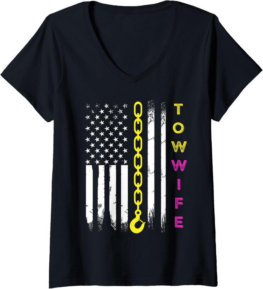 Women's Tow Truck Driver Wife Girlfriend Tow Operator Wrecker V-Neck T-Shirt - Black