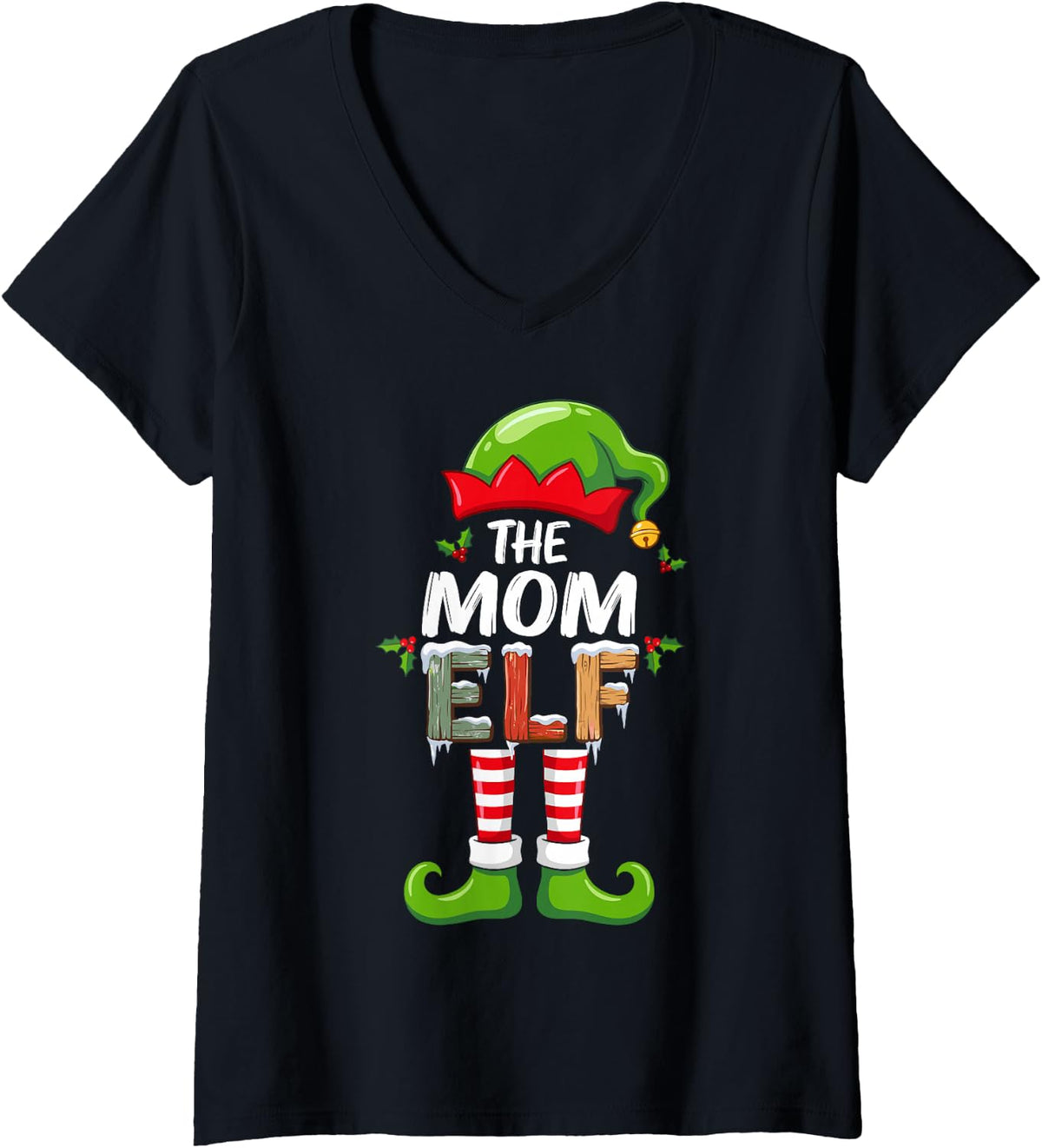 Women's The Mom Elf Funny Christmas Morning Family Matching Crew V-Neck T-Shirt - Black