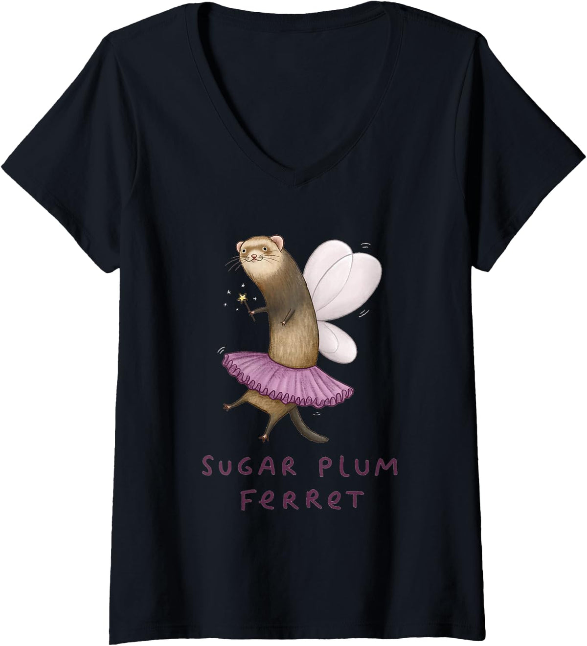 Women's Sugar Plum Ferret V-Neck T-Shirt - Black