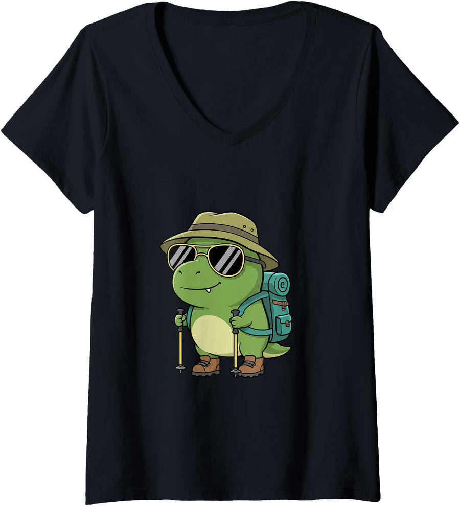 Women's Cute Dinosaur Hiking Camping Funny Outdoor Nature Lover V-Neck T-Shirt - Black