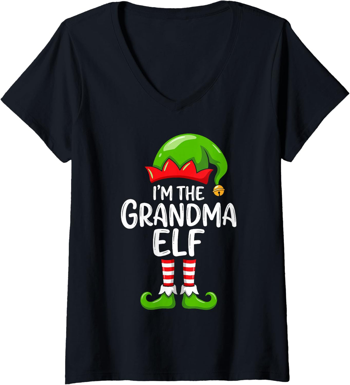 Women's I'm the Grandma Elf Funny Santa's Helper Matching Christmas V-Neck T-Shirt - Black
