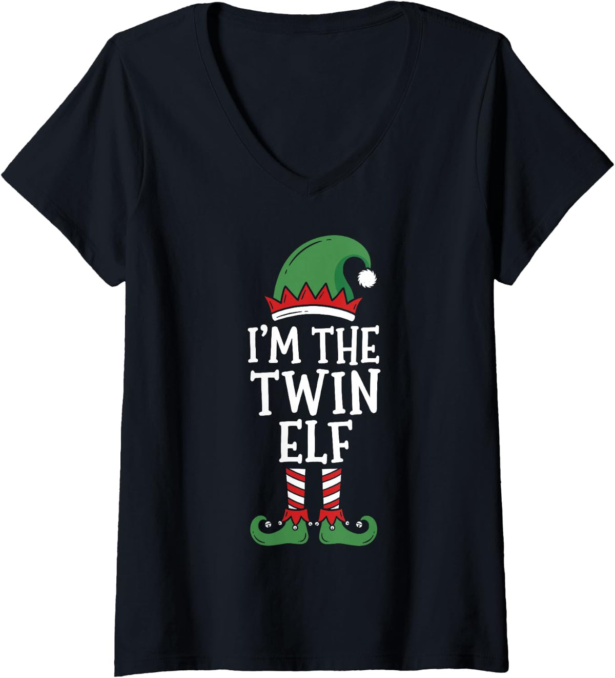 Women's I'm the Twin Elf Matching Family Christmas 2026 Funny Crew V-Neck T-Shirt - Black