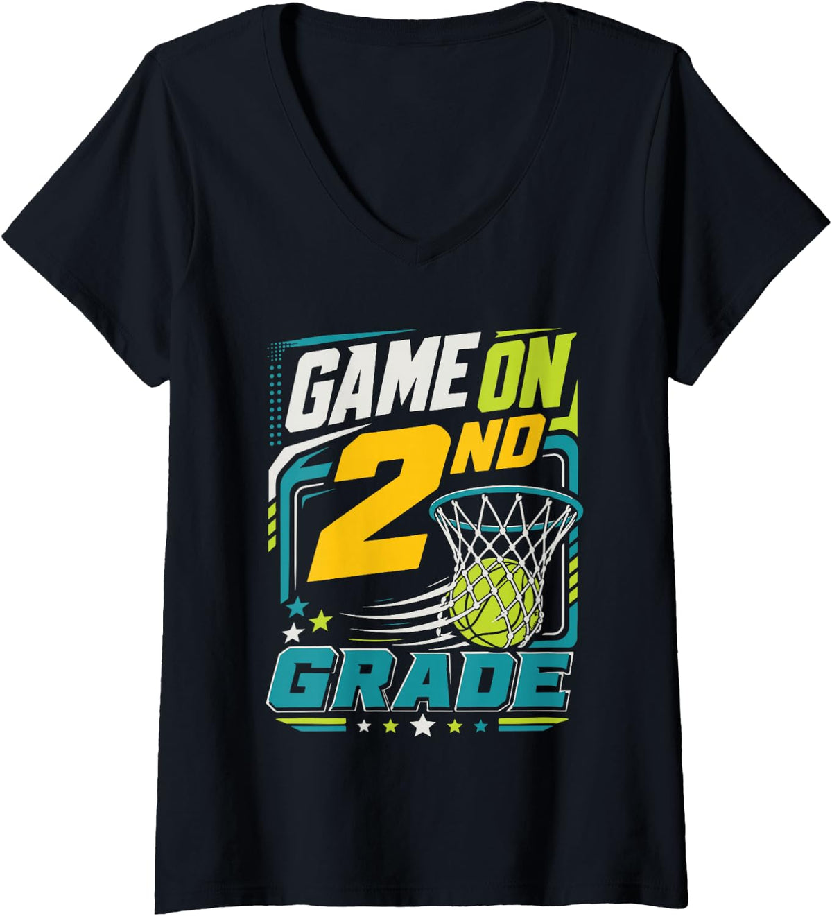 Women's Game On 2nd Grade Basketball School Spirit V-Neck T-Shirt - Black