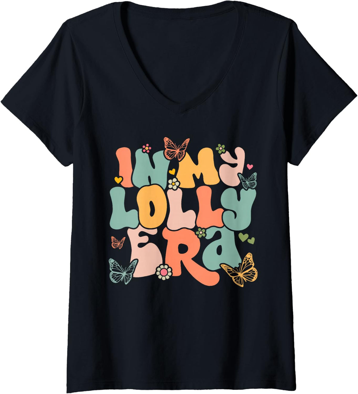 Women's Retro Groovy in My Lolly Era Mother's Day V-Neck T-Shirt - Black