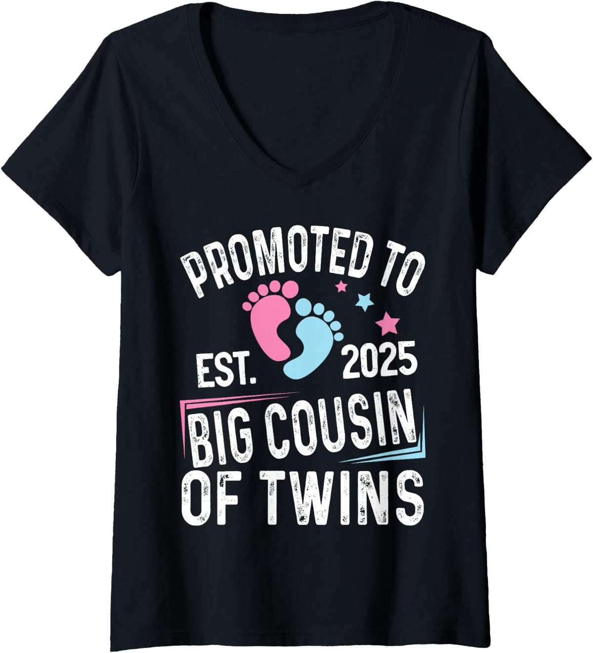 Women's Promoted to Big Cousin of Twins Est 2025 Baby Shower V-Neck T-Shirt - Black