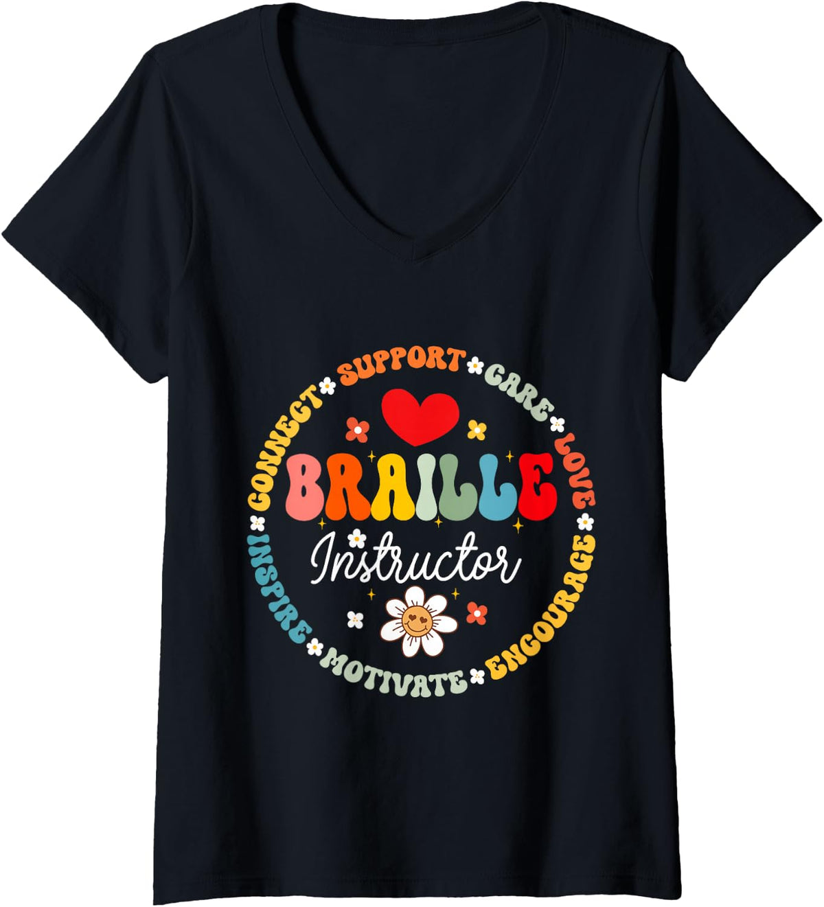 Women's Braille Instructor Teacher Language Appreciation Back School V-Neck T-Shirt - Black