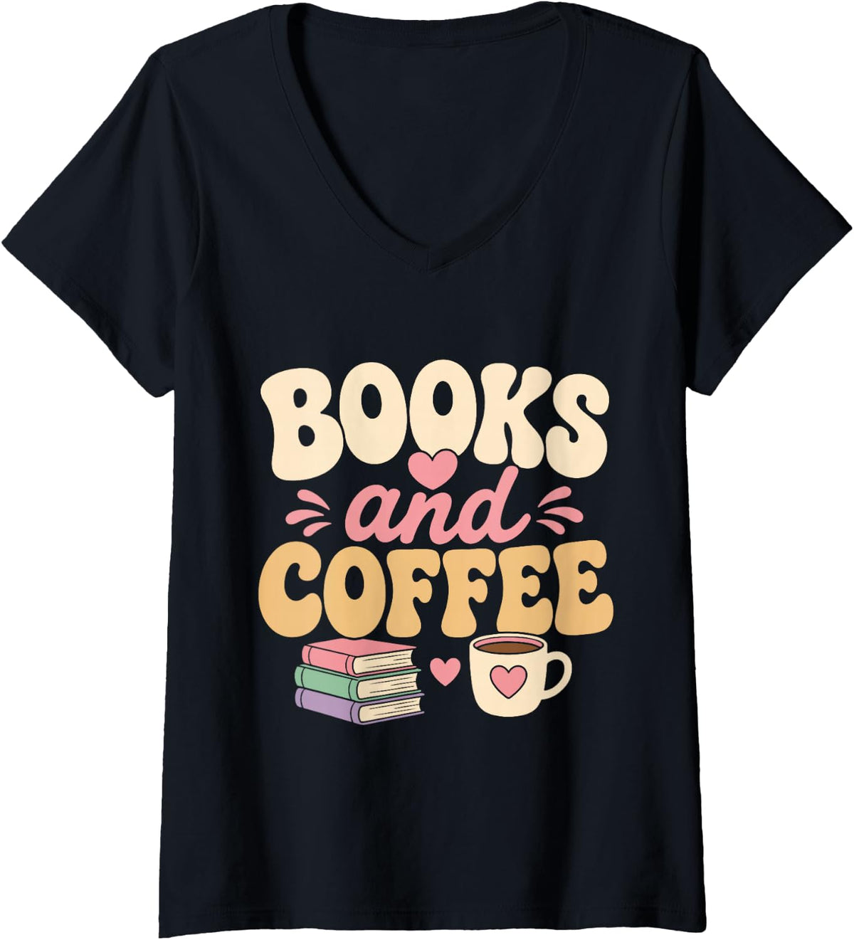 Women's Books and Coffee Teacher Book Lover Educator Reading Retro V-Neck T-Shirt - Black