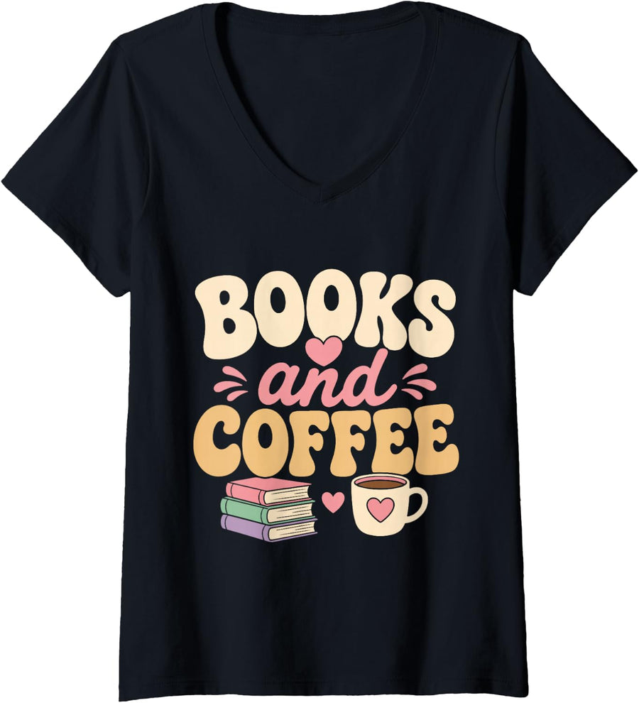 Women's Books and Coffee Teacher Book Lover Educator Reading Retro V-Neck T-Shirt - Black
