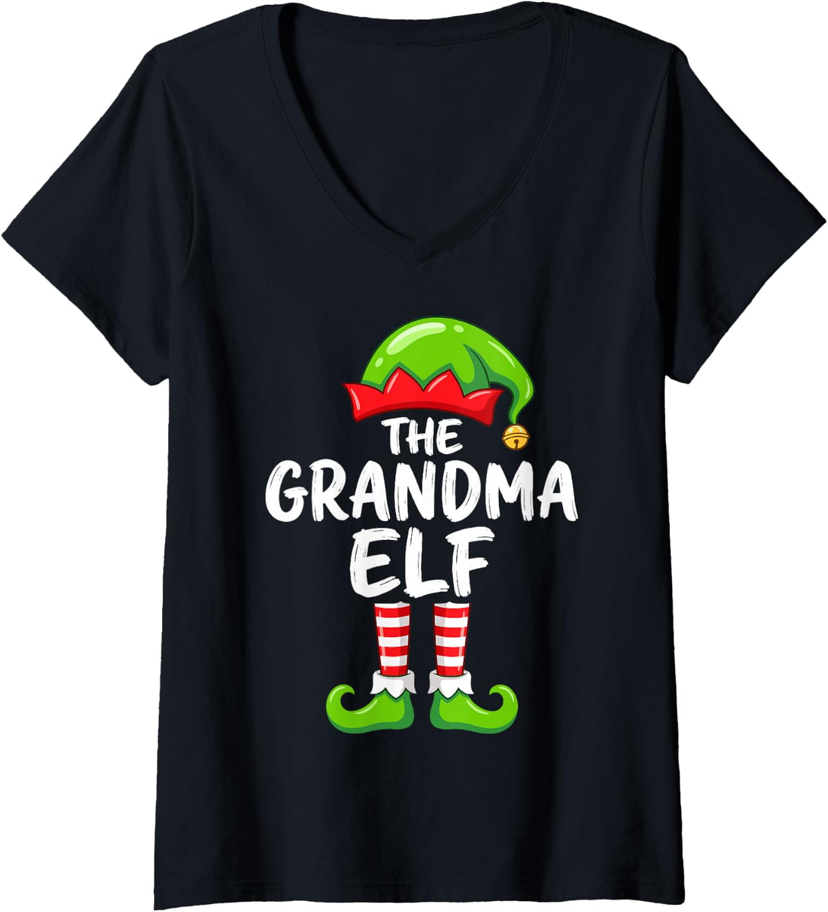 Women's The Grandma Elf Cute Christmas Pajama Party Family Group V-Neck T-Shirt - Black