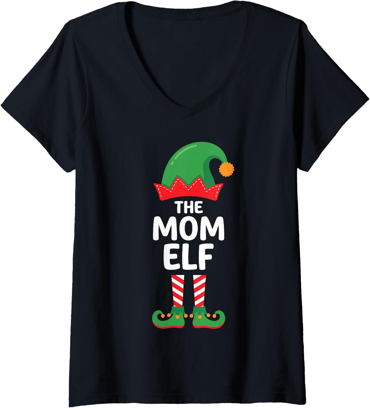 Women's The Mom Elf Ugly Christmas Party Funny Family Matching V-Neck T-Shirt - Black