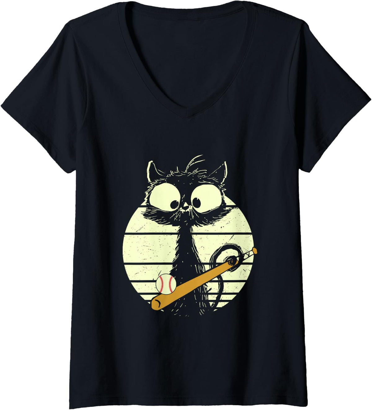 Women's Cat Baseball Baseball Player Cat Cute Funny Cat V-Neck T-Shirt - Black