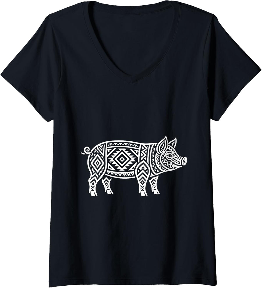 Women's Geometric Pig Line Art for Farm Animal Lovers V-Neck T-Shirt - Black