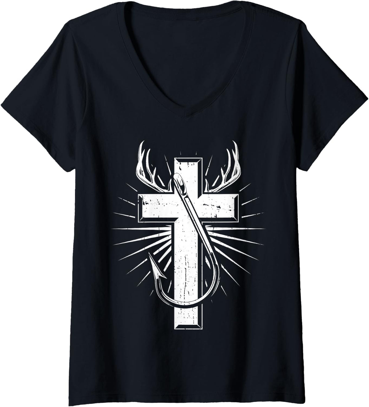 Women's Hunting and Fishing Cross Christian Hunter Fisherman V-Neck T-Shirt - Black