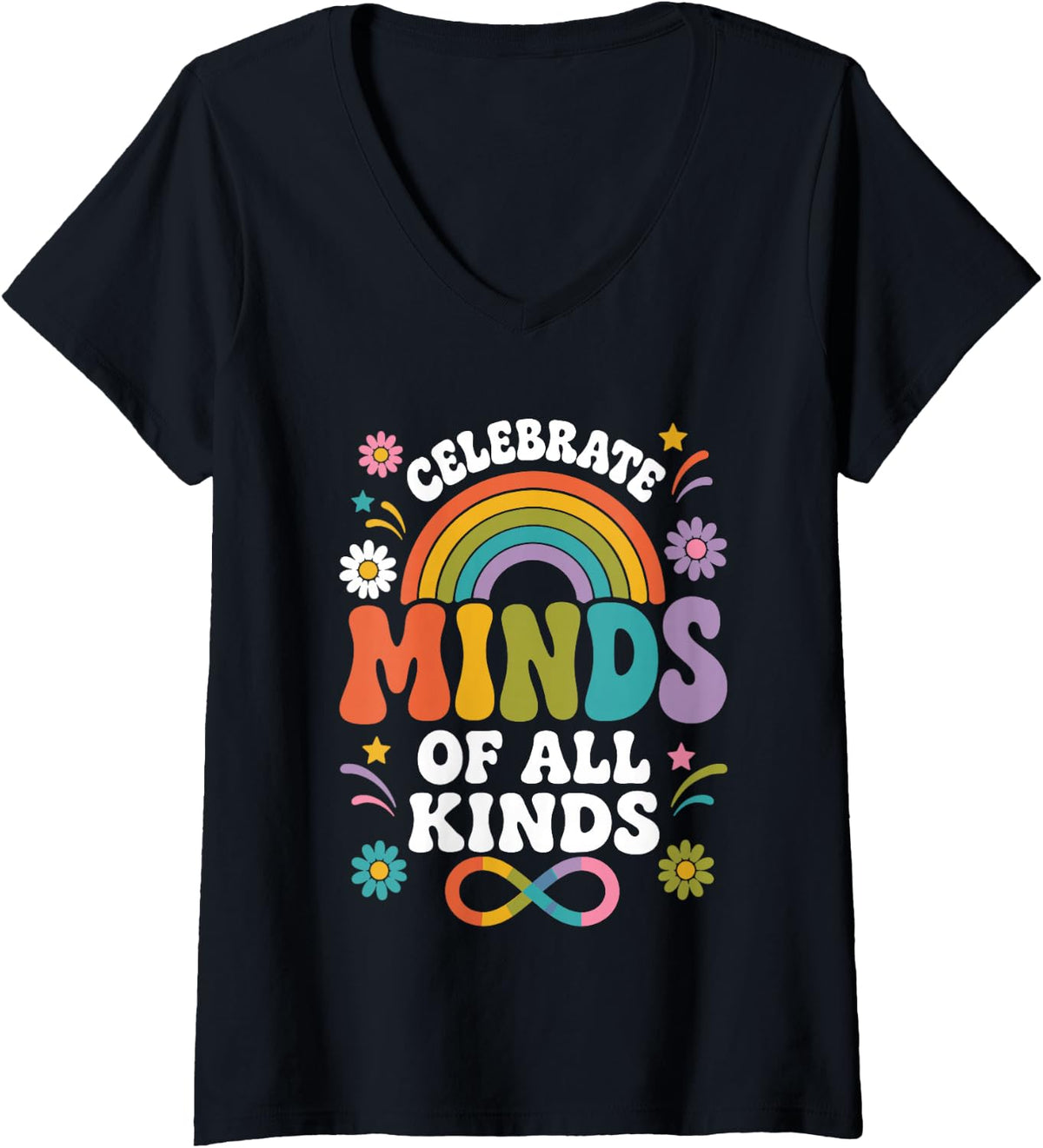 Women's Celebrate Minds of All Kinds Retro Rainbow Autism SPED V-Neck T-Shirt - Black