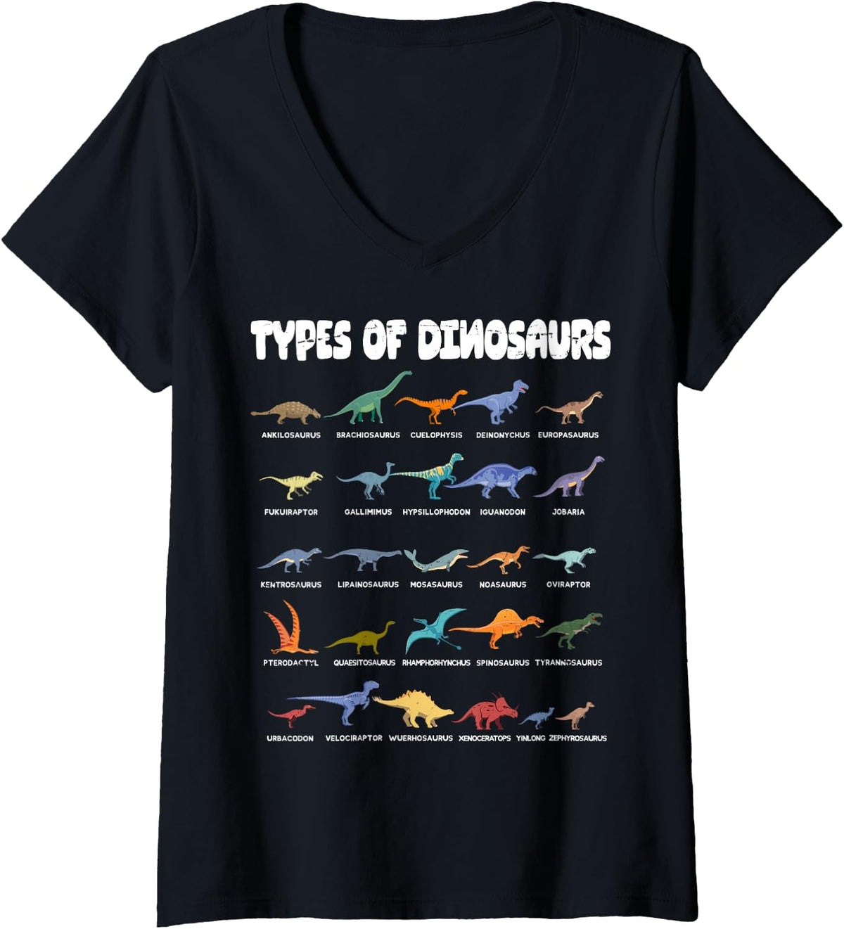 Women's Types of Dinosaurs Dino Identification Chart with Names V-Neck T-Shirt - Black