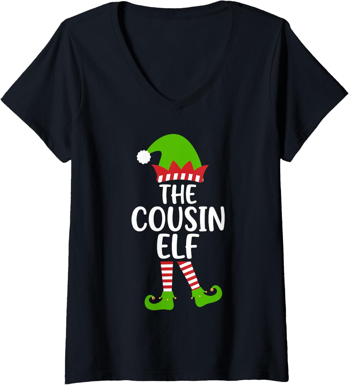 Women's I'm the Cousin Elf Holiday Xmas Party Matching Family Group V-Neck T-Shirt - Black