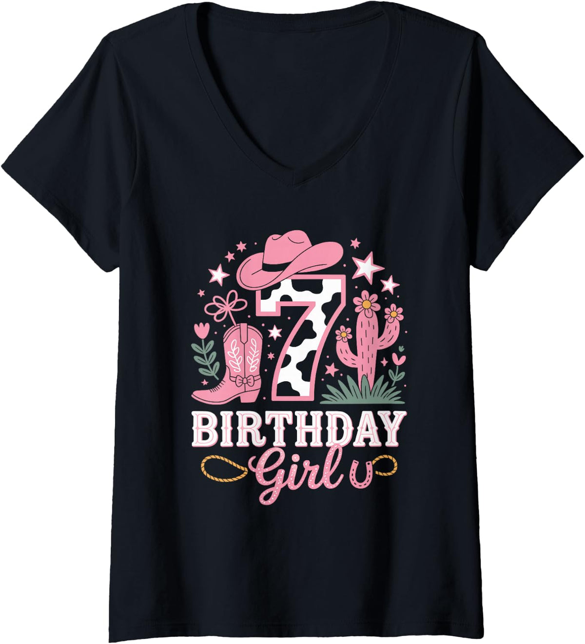 Women's 7th Birthday Cowgirl Rodeo Boots Seven Years Old Western V-Neck T-Shirt - Black