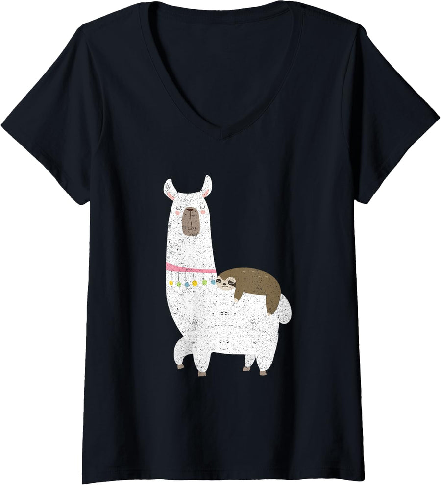 Women's Christmas Alpaca Cute Sloth Animal Holiday Winter Llama V-Neck T-Shirt - Black
