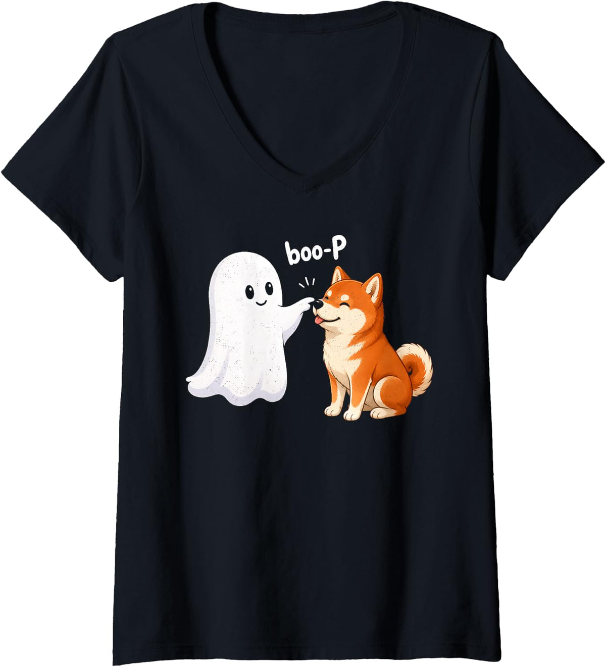 Women's Halloween Shiba Inu Ghost Boop Nose Funny V-Neck T-Shirt - Black