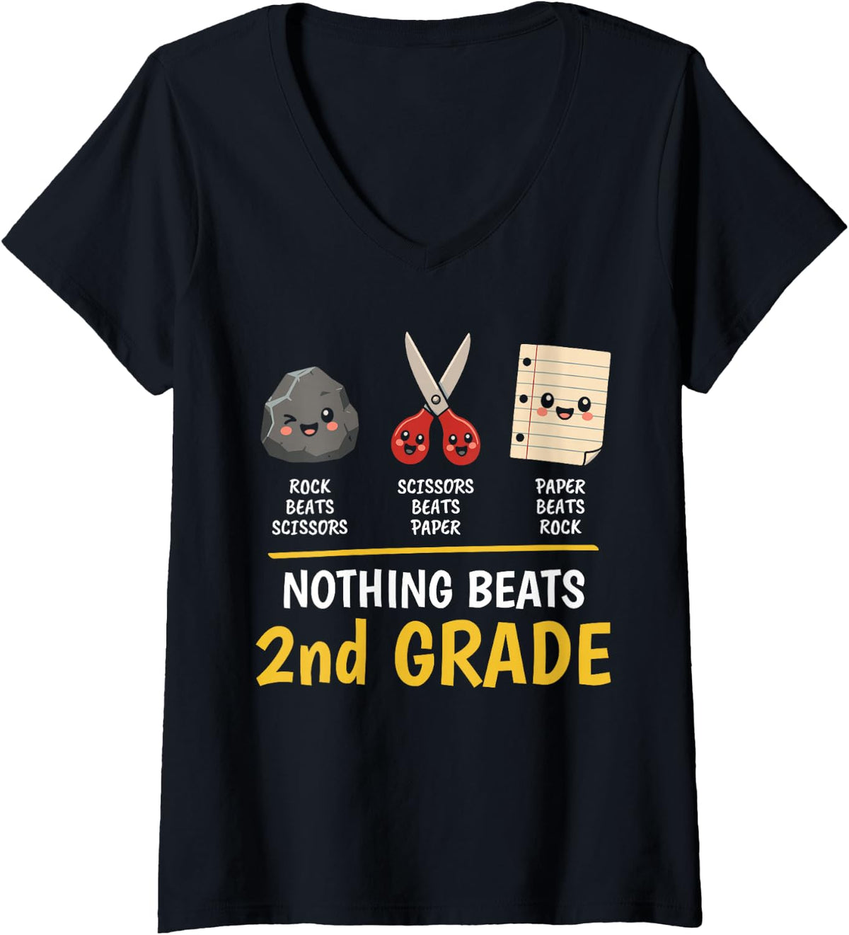Women's Nothing Beats 2nd Grade Cute Rock Paper Scissors V-Neck T-Shirt - Black