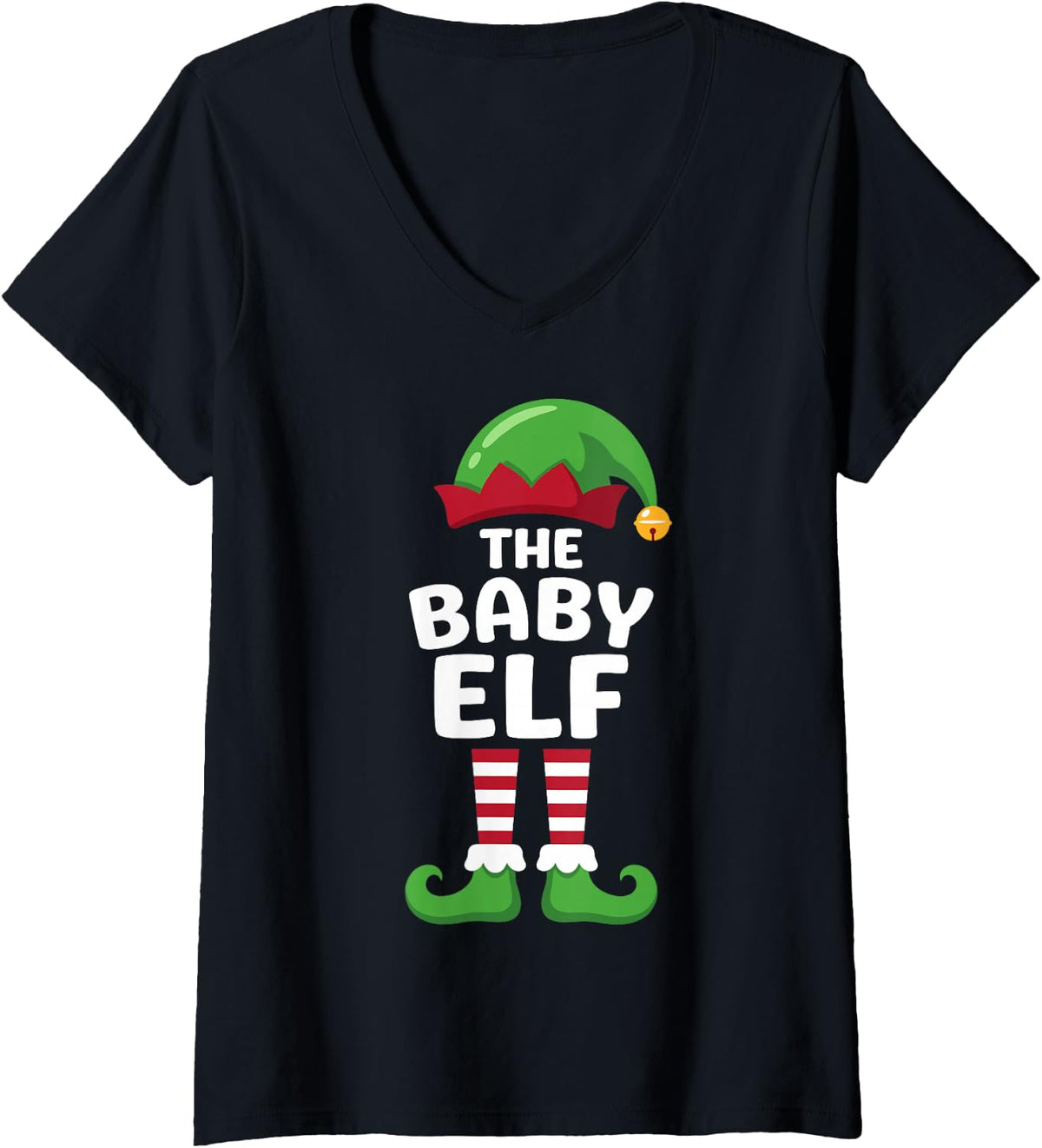 Women's The Baby Elf Matching Family Christmas 2026 Holiday Crew V-Neck T-Shirt - Black