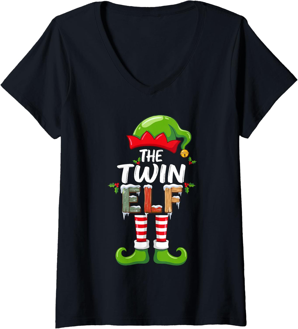 Women's The Twin Elf Christmas Morning Matching Family Crew V-Neck T-Shirt - Black