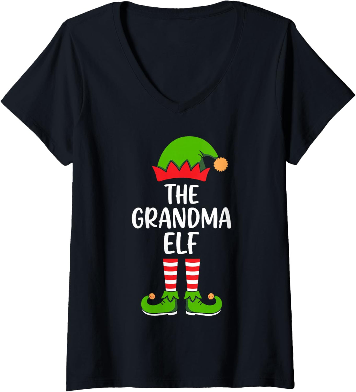 Women's The Grandma Elf Funny Santa's Helper Matching Christmas V-Neck T-Shirt - Black