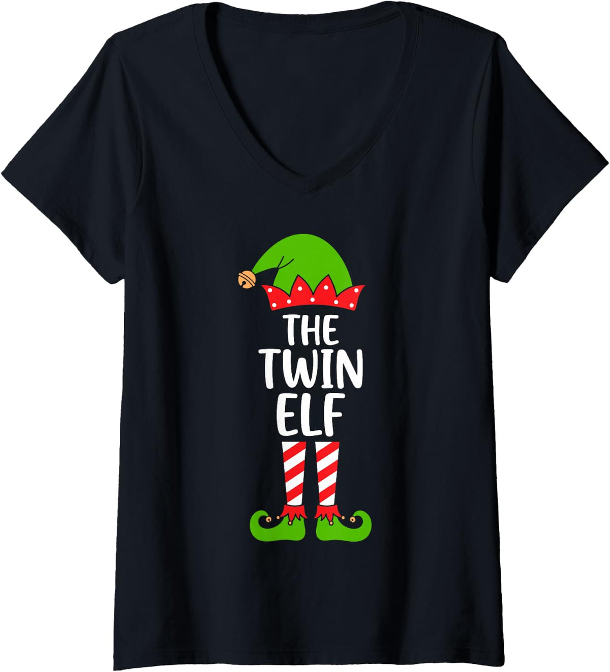 Women's The Twin Elf Christmas Costume Funny Matching Family V-Neck T-Shirt - Black