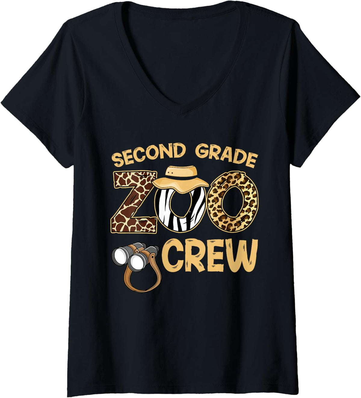 Women's Field Zoo Trip Shirt for Teacher, Second Grade Crew V-Neck T-Shirt - Black