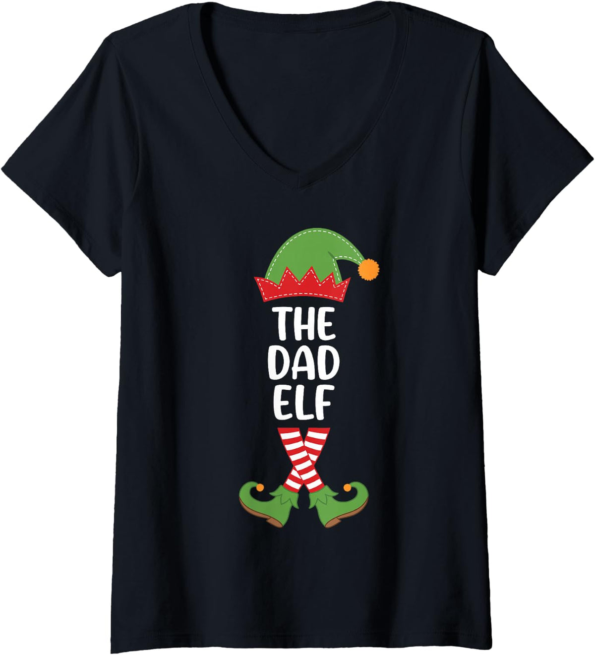 Women's The Dad Elf Funny Holiday Season Matching Family Xmas V-Neck T-Shirt - Black